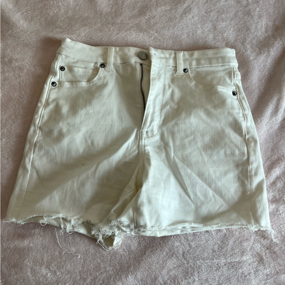 American Eagle White Curvy HighRise, Next Level Stretch CutOff Jean Shorts